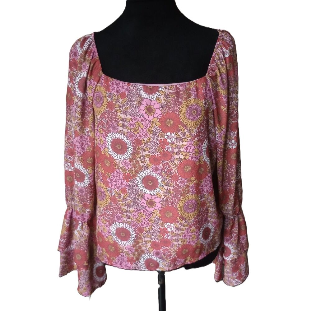 Peach Love Women's M Floral 60's/Flower Child Ruffle Bell Sleeve Blouse, Vtg.